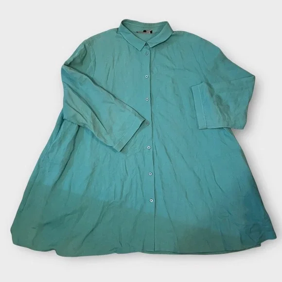 Lafayette 148 New York Women Tunic Silk Linen Top Button XL Teal Green Lagenlook - Picture 3 of 6